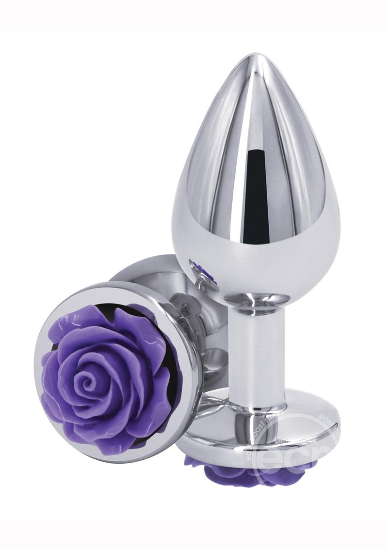 Rear Assets Rose Aluminum Anal Plug - Medium - Purple/Silver