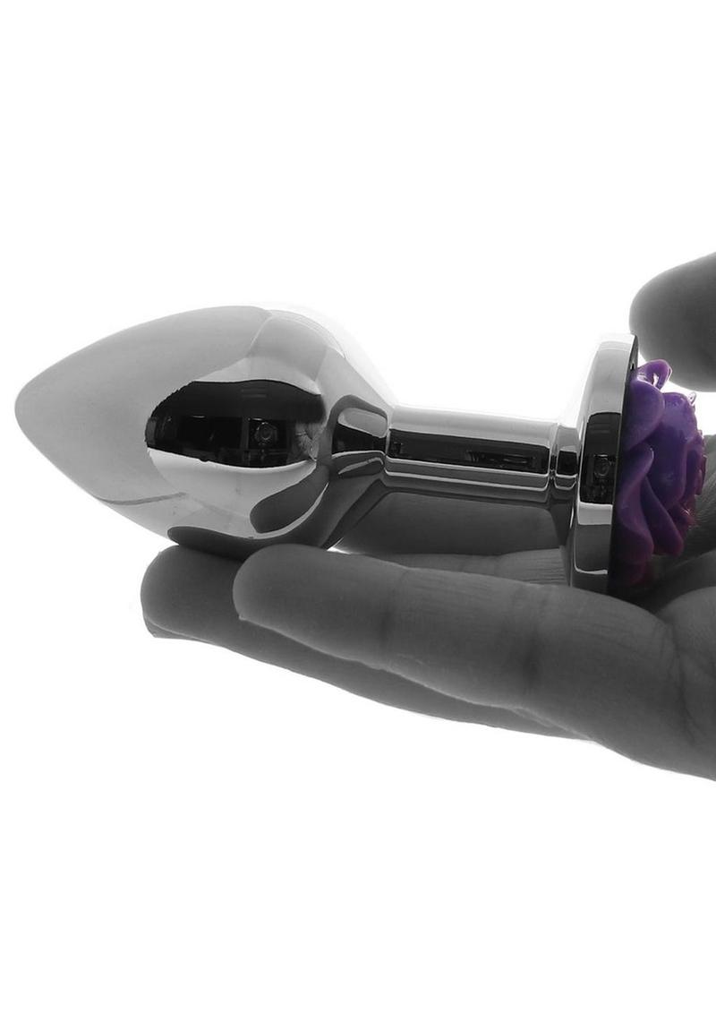 Rear Assets Rose Aluminum Anal Plug - Medium - Purple/Silver
