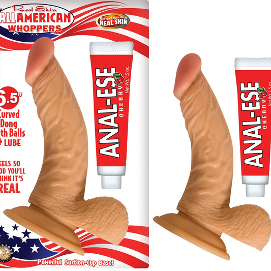 ALL AMERICAN WHOPPERS 6.5″ CURVED DONG WITH BALLS + LUBE – WHITE