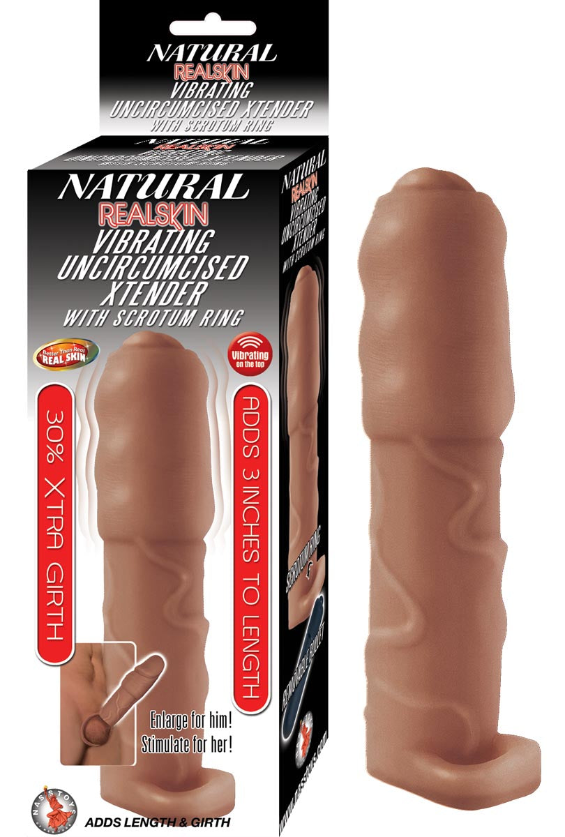 NATURAL REALSKIN VIBRATING UNCIRCUMCISED XTENDER WITH SCROTUM RING-BROWN