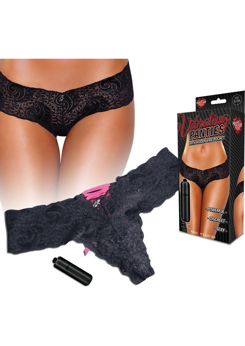 Hustler Toys Vibrating Panties Panty Vibe Lace Up Back Thong with Hidden Vibe Pocket - Black - Small/Medium