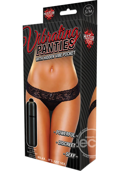 Hustler Toys Vibrating Panties Panty Vibe Lace Thong with Hidden Vibe Pocket - Black - Medium/Large