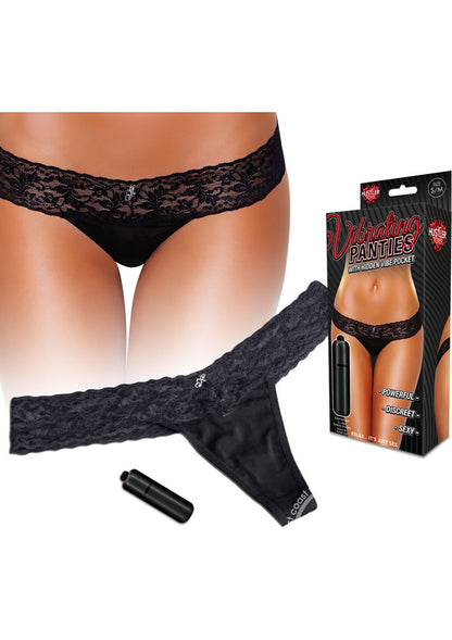 Hustler Toys Vibrating Panties Panty Vibe Lace Thong with Hidden Vibe Pocket - Black - Medium/Large