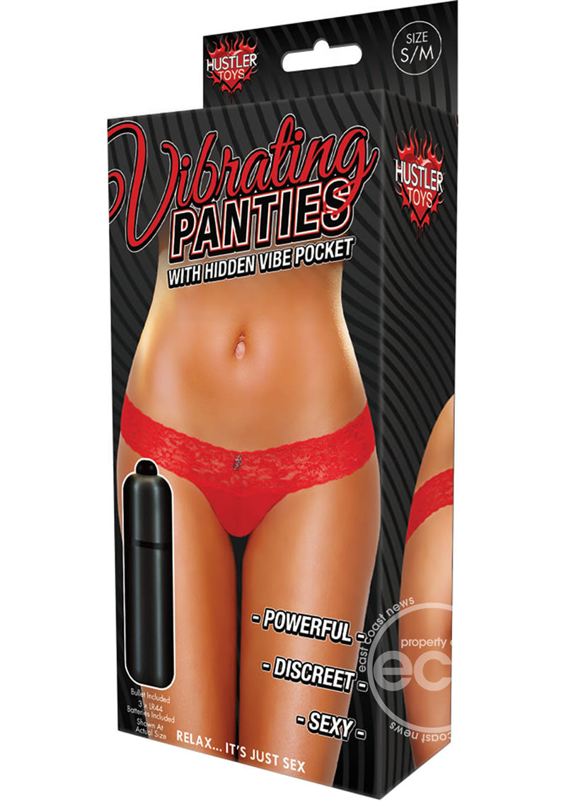 Hustler Toys Vibrating Panties Panty Vibe Lace Thong with Hidden Vibe Pocket - Red - Medium/Large