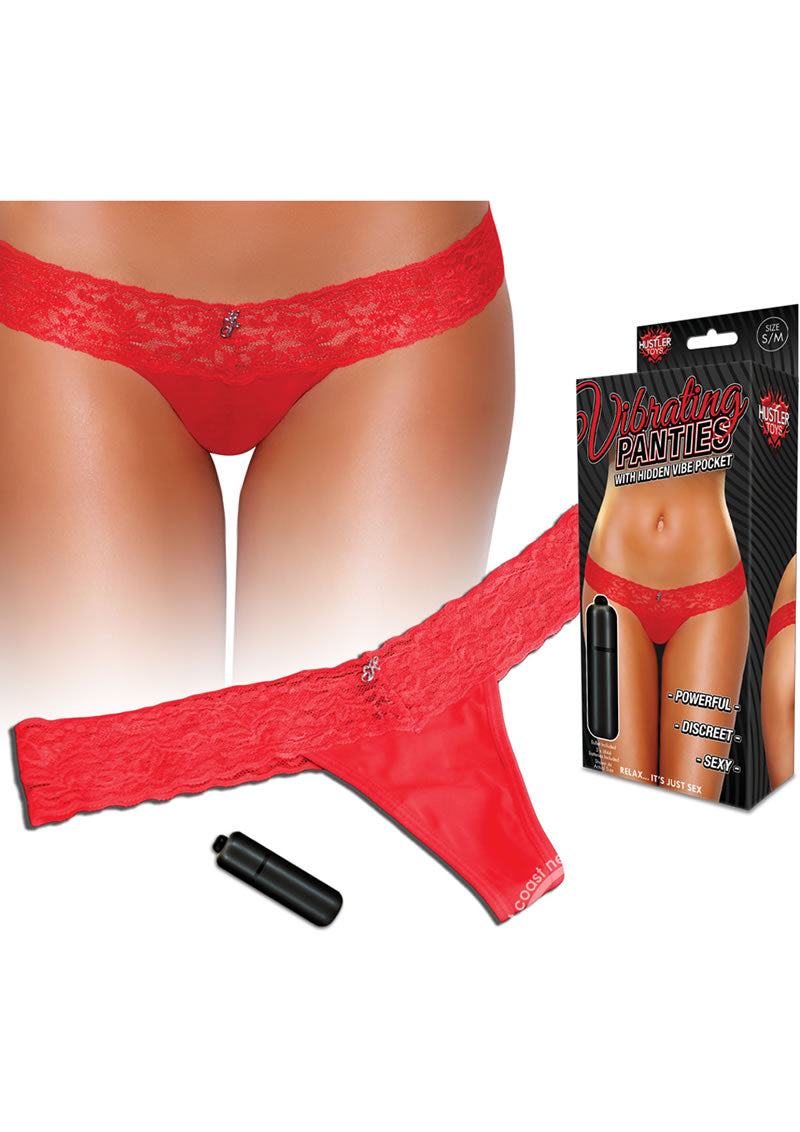 Hustler Toys Vibrating Panties Panty Vibe Lace Thong with Hidden Vibe Pocket - Red - Medium/Large