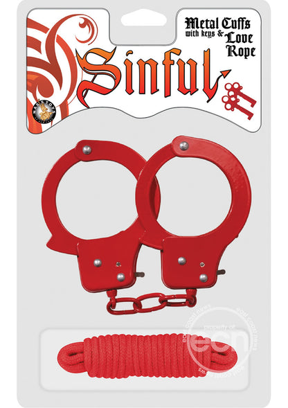 Sinful Metal Cuffs with Keys and Love Rope - Red