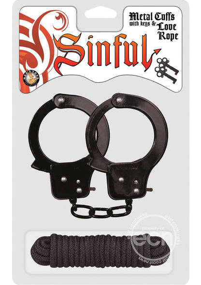 Sinful Metal Cuffs with Keys and Love Rope - Black