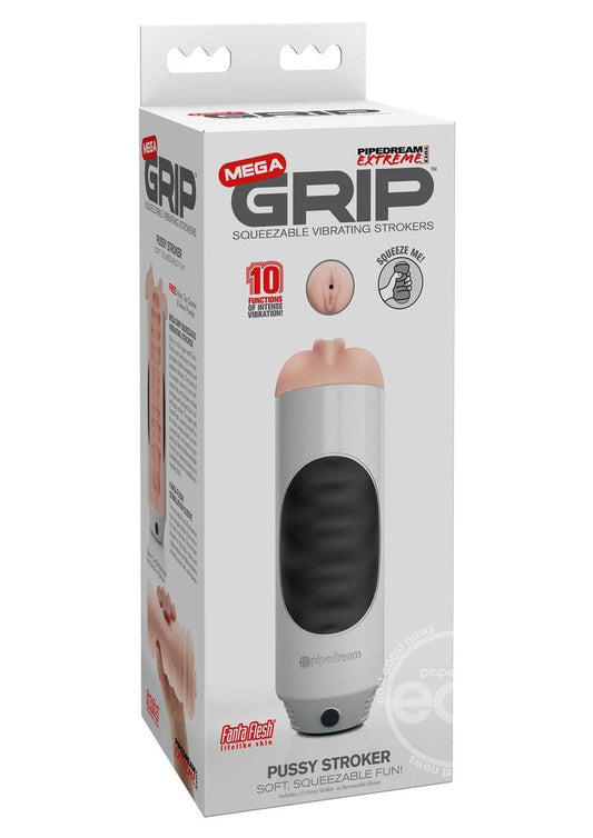 Pipedream Extreme Toyz Mega Grip Vibrating Pussy Masturbator - Pussy - White/Black/Vanilla