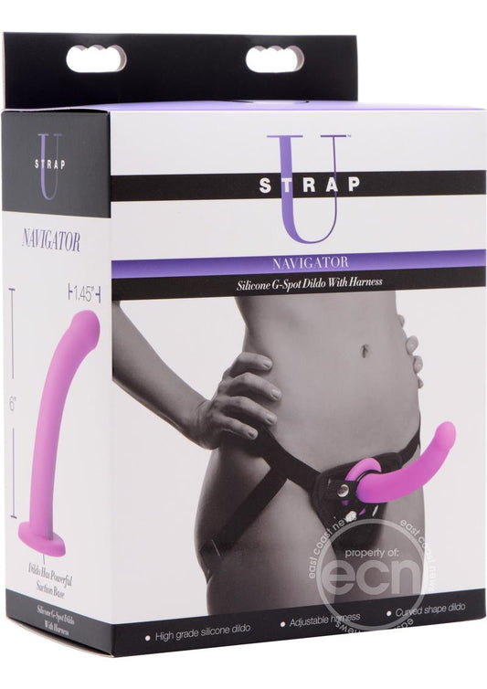 Strap U Navigator Silicone G-Spot 7in Dildo with Harness - Purple