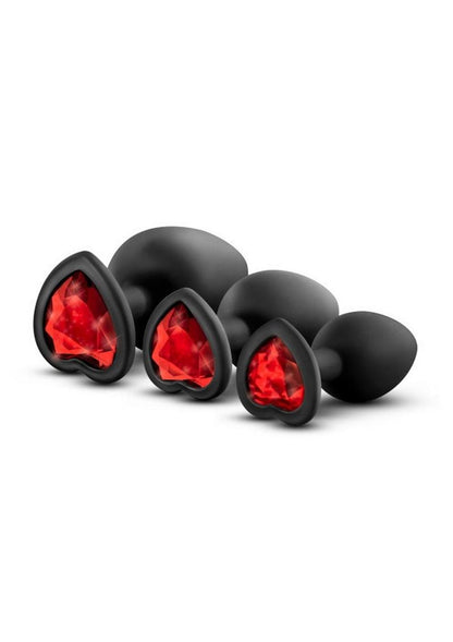 Luxe Bling Butt Plugs Silicone Training Kit with Red Gems (3 size kit) - Black