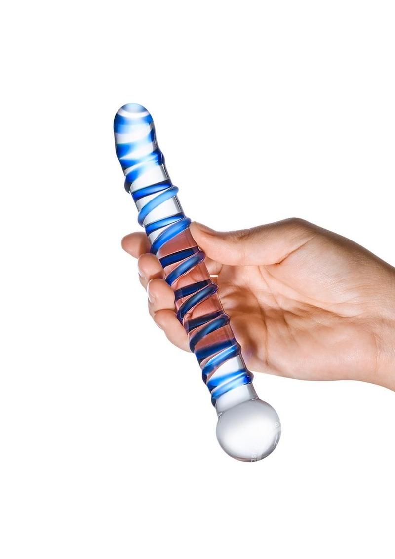 Glas Mr. Swirly G-Spot Glass Textured Dildo 6.5in - Clear/Blue