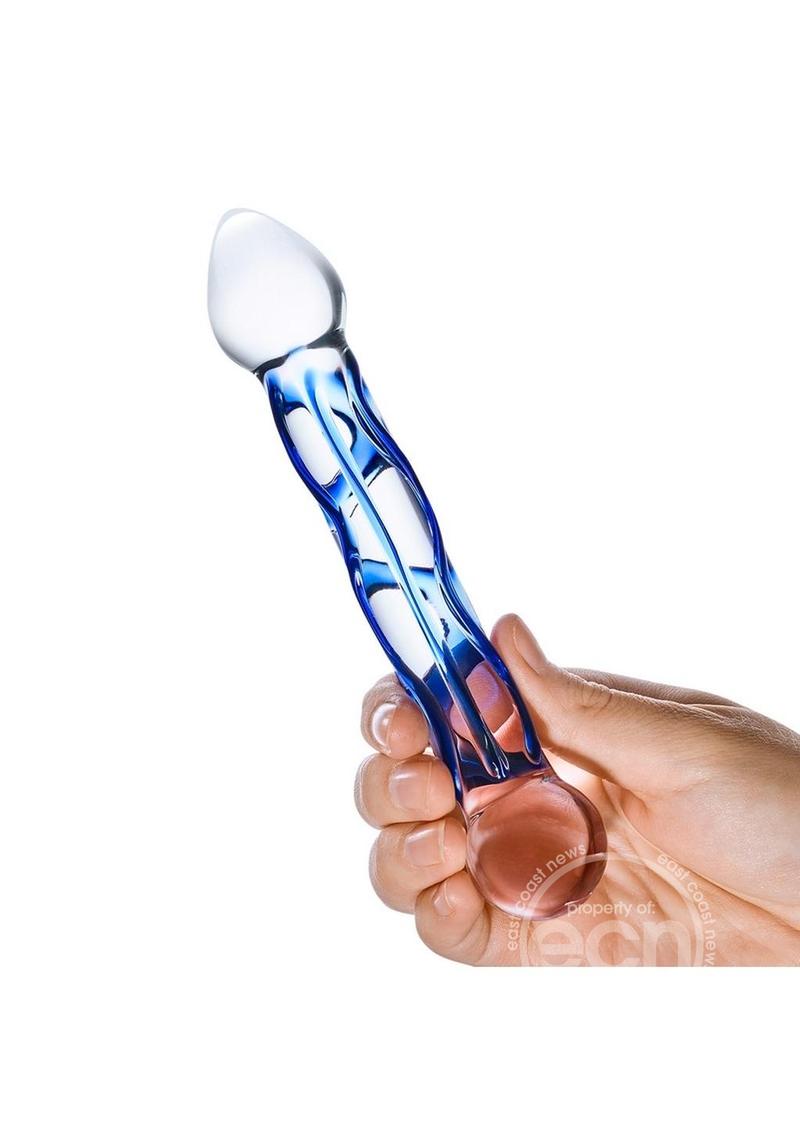 Glas Full Tip Glass Textured Dildo 6.5in - Clear/Blue