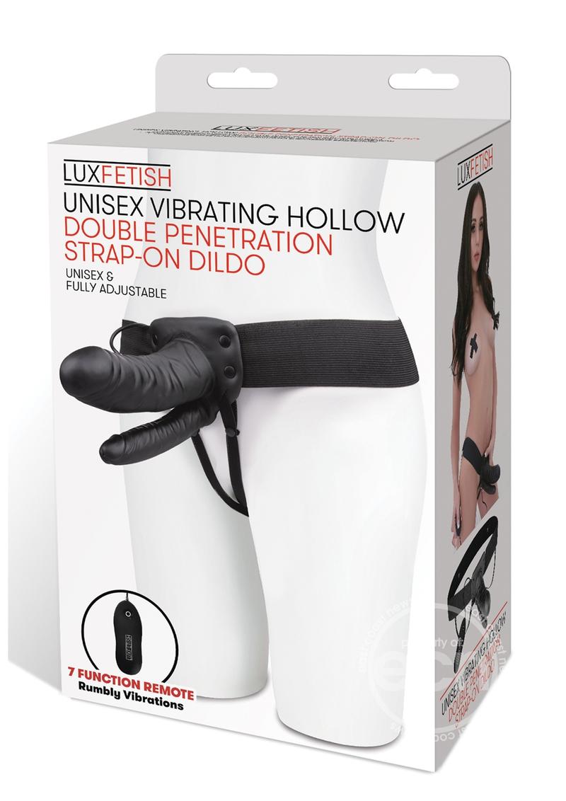 Lux Fetish Unisex Vibrating Hollow Double Penetration Strap-On Dildo with Wired Remote Control 9in - Black