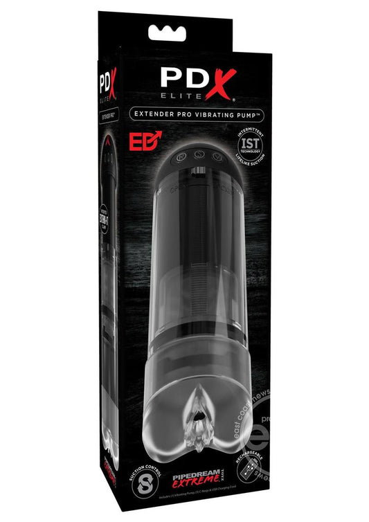 Pipedream Extreme Elite Rechargable Extender Pro Vibrating Pump Masturbator - Pussy - Clear/Black