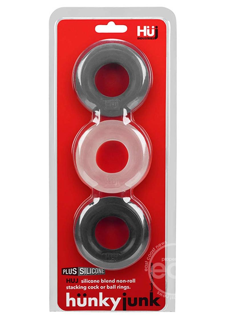 Hunkyjunk HUJ3 Silicone Cock Ring (3 Pack) - Black/Gray/Clear