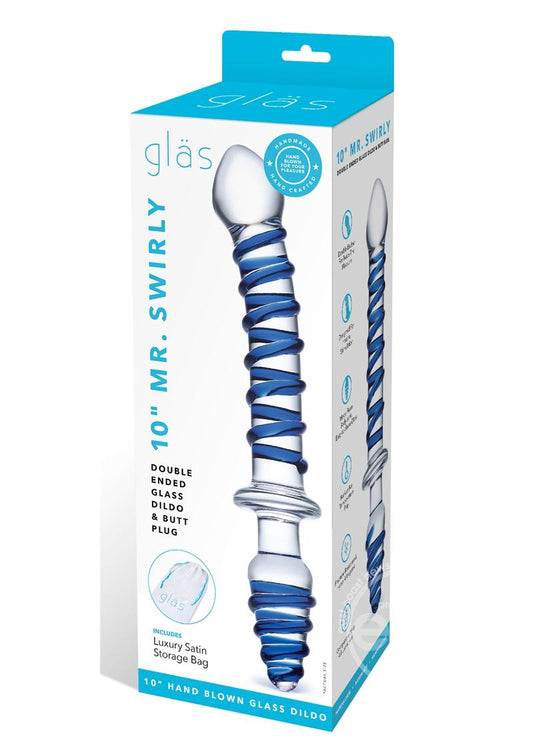 Glas Mr Swirly Double Ended Glass Dildo & Butt Plug 10in - Blue/Clear