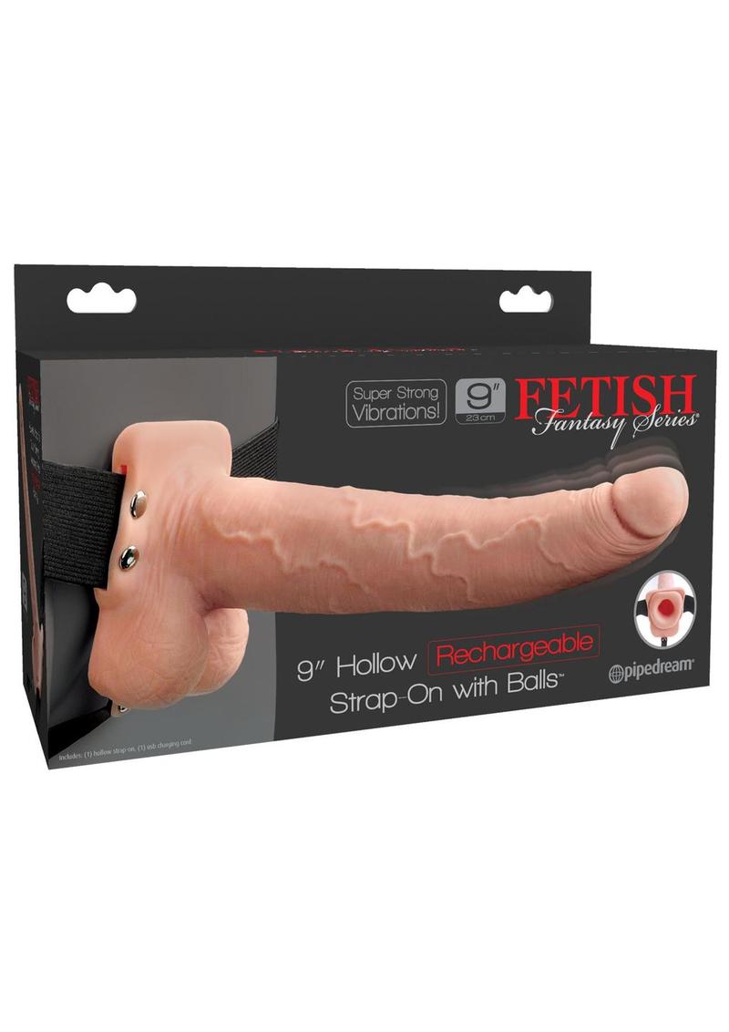 Fetish Fantasy Series Hollow Rechargeable Strap-On Dildo with Balls and Harness 9in - Vanilla
