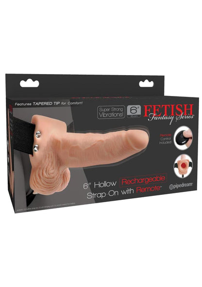 Fetish Fantasy Series Hollow Rechargeable Strap-On Dildo with Balls and Harness with Remote Control 6in - Vanilla