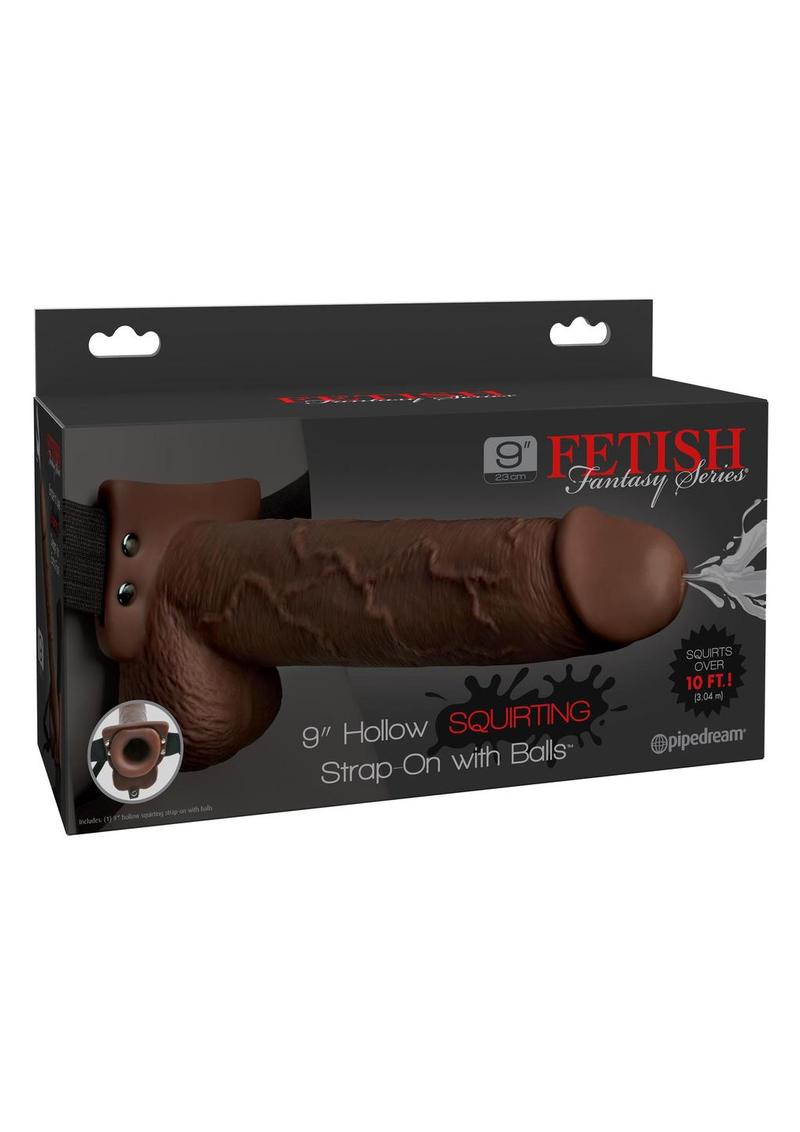 Fetish Fantasy Series Hollow Squirting Strap-On Dildo with Balls and Harness 9in - Chocolate