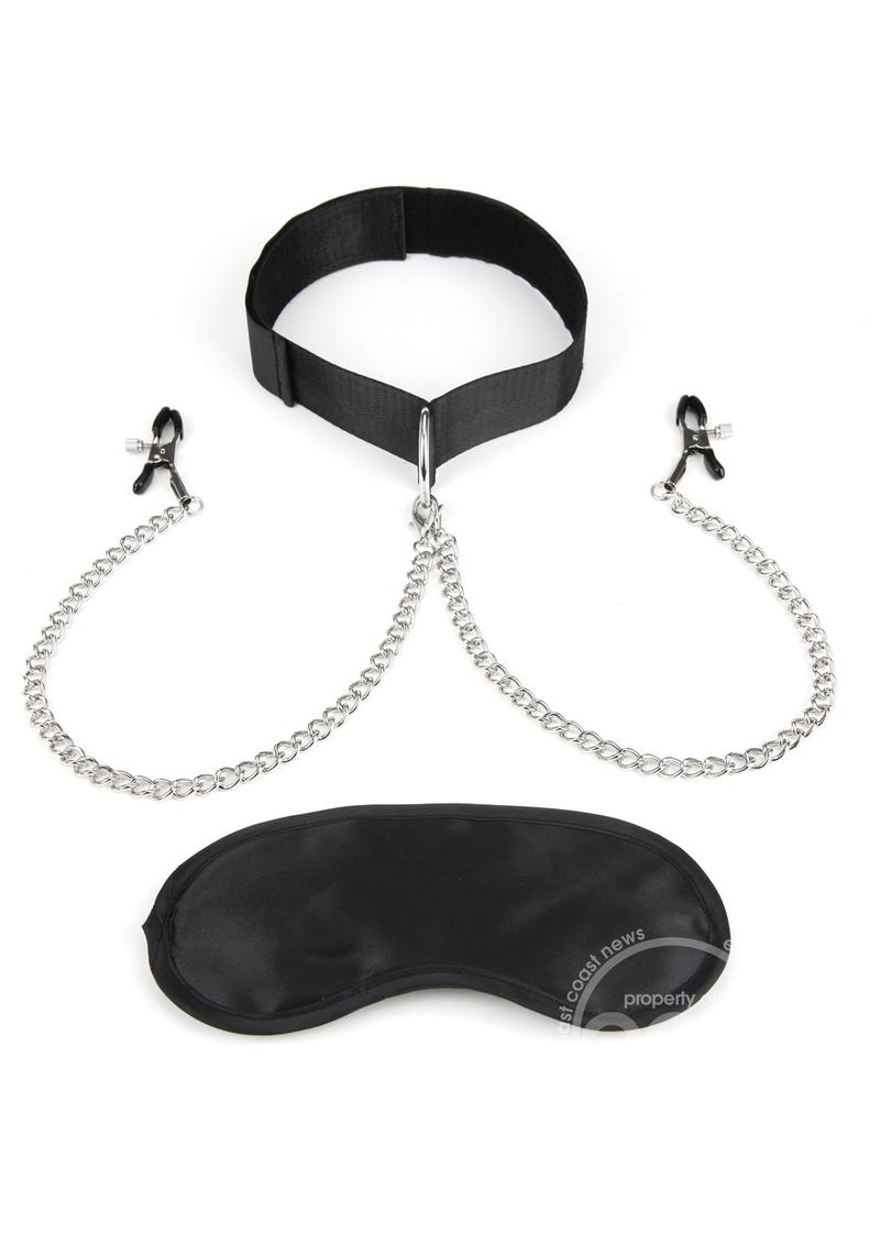 Lux Fetish Collar and Nipple Clamps with Adjustable Clamps - Black