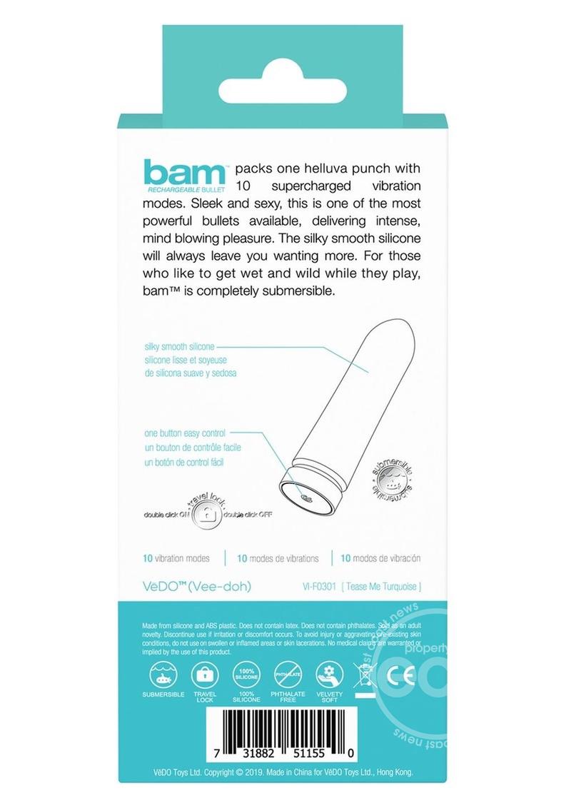 VeDO Bam Rechargeable Silicone Bullet Vibrator - Tease Me Turquoise