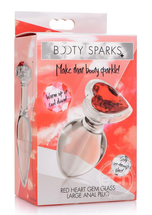 Booty Sparks Red Heart Gem Glass Anal Plug - Large - Red/Clear