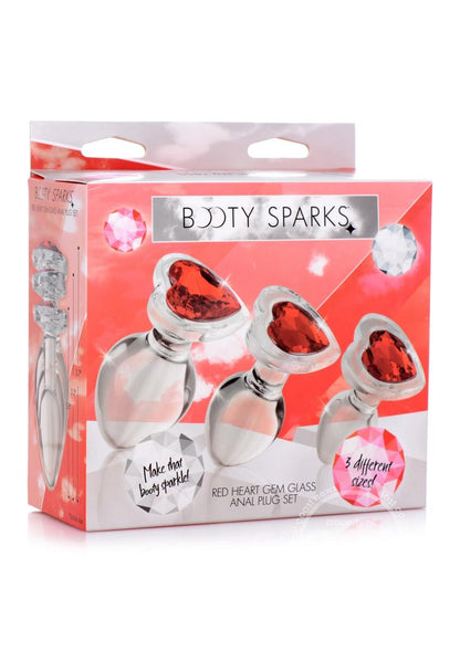 Booty Sparks Red Heart Gem Glass Plug Set 3pc - S/M/L - Red/Clear