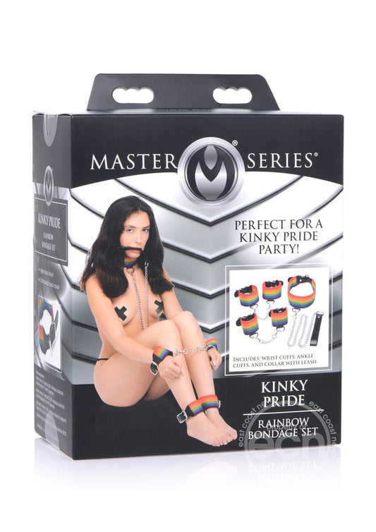 Kinky Pride Rainbow Bondage Set - Wrist/Ankle Cuffs & Collar with Leash