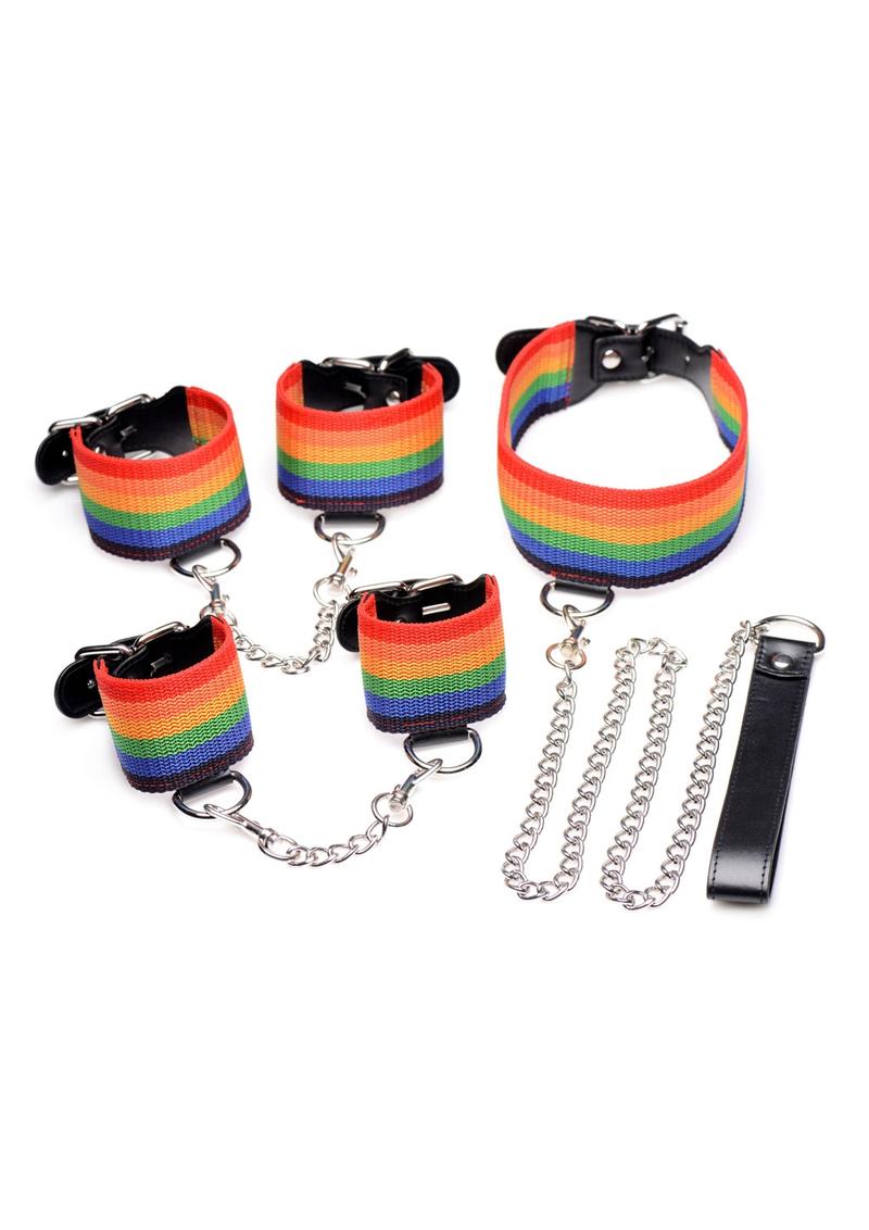 Kinky Pride Rainbow Bondage Set - Wrist/Ankle Cuffs & Collar with Leash