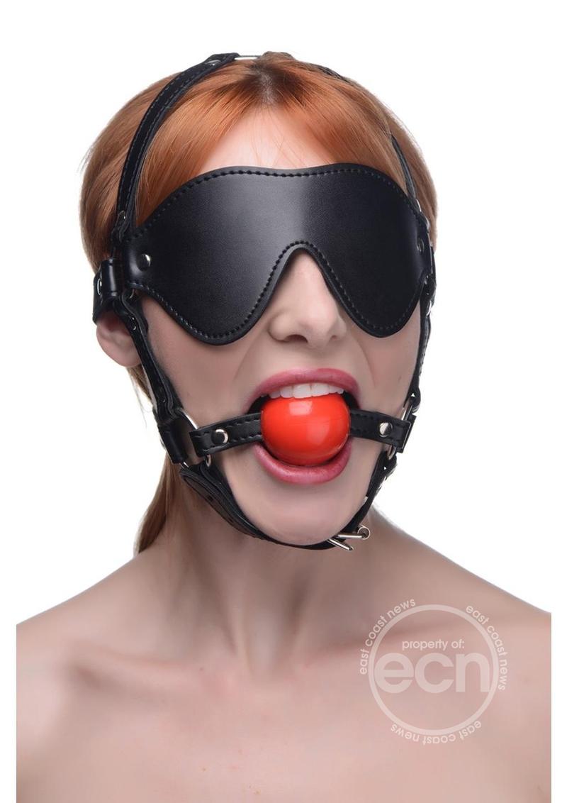 Blindfold Harness with Ball Gag - Black/Red