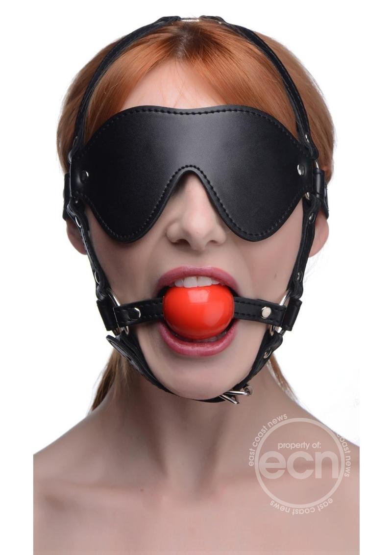 Blindfold Harness with Ball Gag - Black/Red