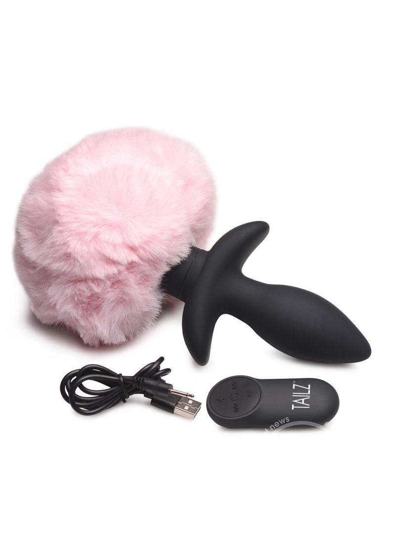 Tailz Moving & Vibrating Bunny Tails Rechargeable Silicone Anal Plug With Remote Control - Pink/Black