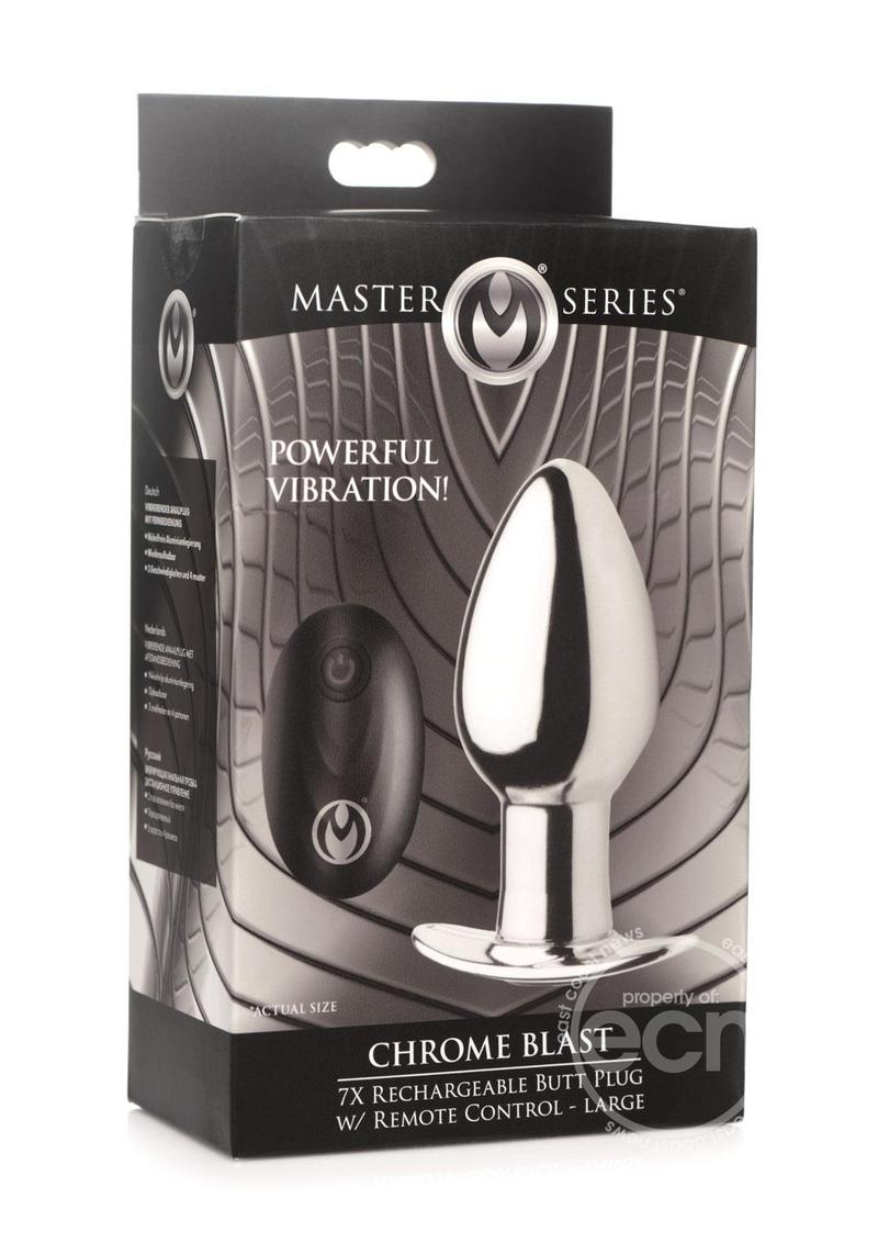 Master Series Chrome Blast 7X Rechargeable Anal Plug with Remote Control - Large - Silver