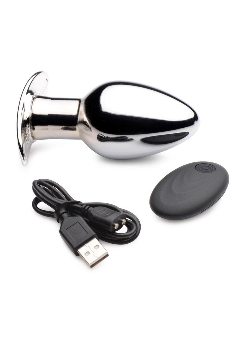 Master Series Chrome Blast 7X Rechargeable Anal Plug with Remote Control - Large - Silver