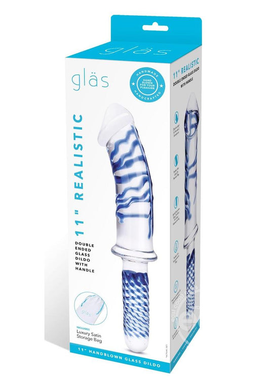 Glas Realistic Double Ended Glass Dildo with Handle 11in - Clear/Blue