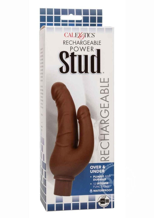 Rechargeable Power Stud Over & Under Silicone Vibrating Double Dong - Chocolate