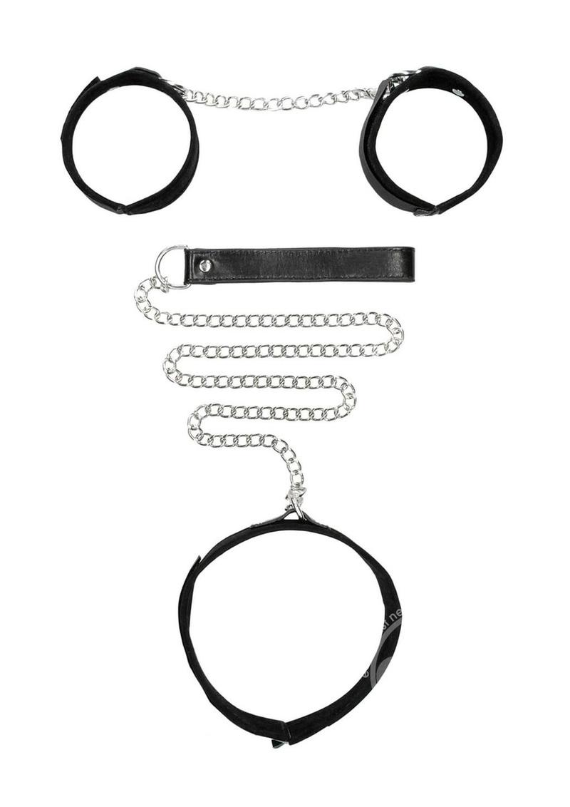 Ouch! Velcro Collar with Leash and Hand Cuffs - Black