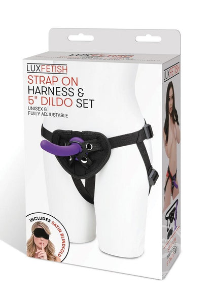 Lux Fetish Strap on Harness & Silicone Dildo Set 5in - Black/Purple