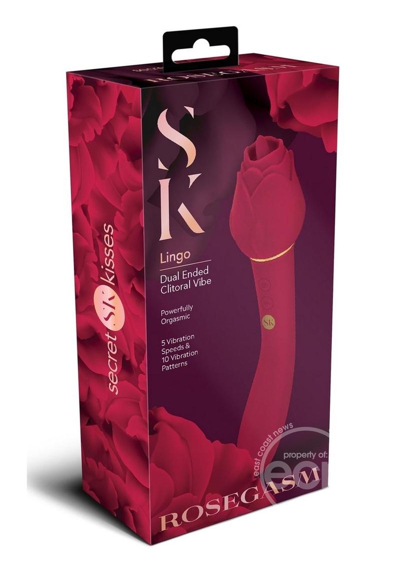 Secret Kisses Rosegasm Lingo Rechargeable Silicone Dual End Vibrator with Clitoral Stimulator - Red