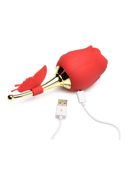 Inmi Bloomgasm Flutter Rose Rechargeable Silicone Sucking Rose with Butterfly Teaser - Red/Gold