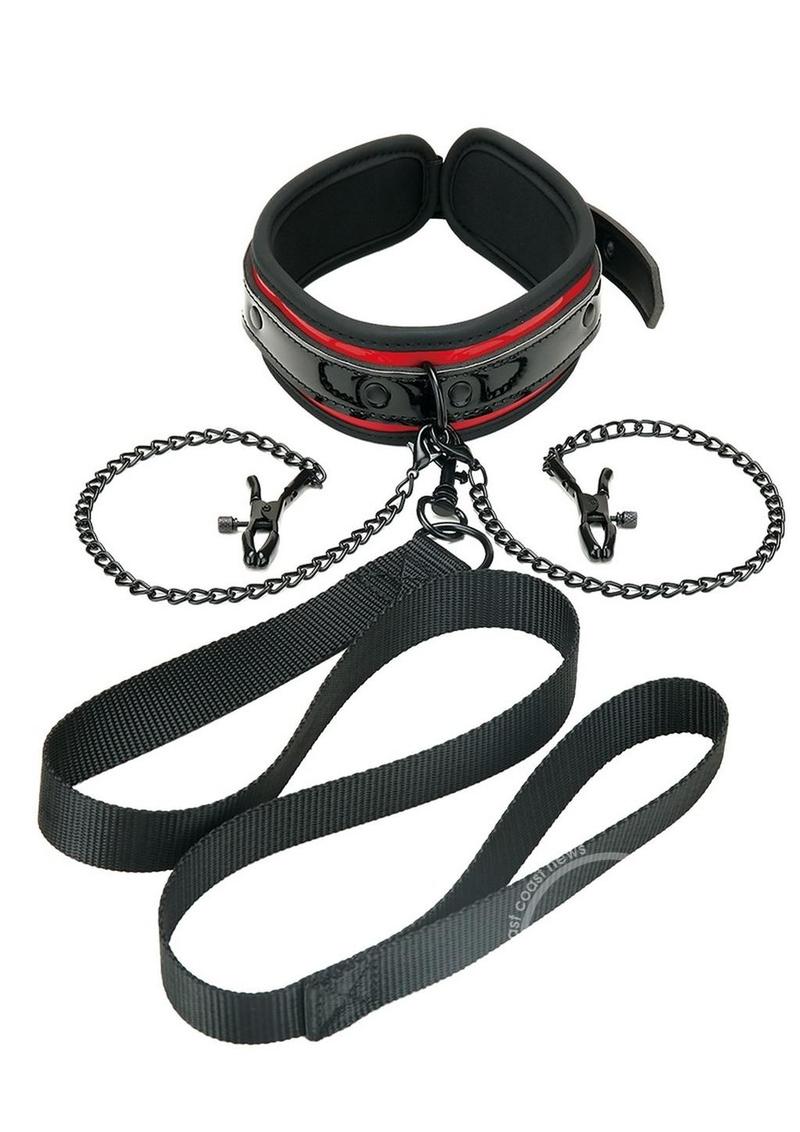 Whipsmart Heartbreakers Deluxe Collar, Nipple Clips, Leash Set - Black/Red