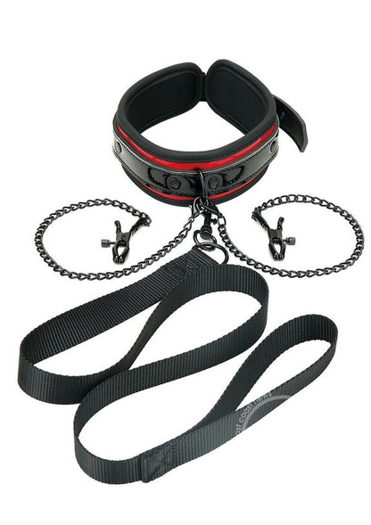 Whipsmart Heartbreakers Deluxe Collar, Nipple Clips, Leash Set - Black/Red