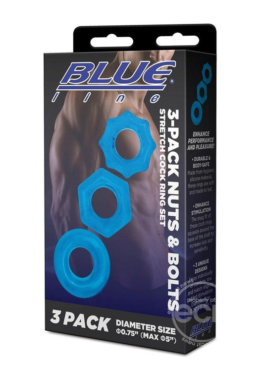 Blue Line Nuts & Bolts Stretch Cock Ring (3 Pack) - Blue