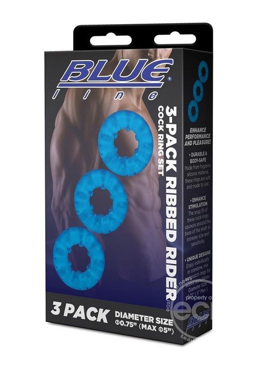 Blue Line Ribbed Rider Cock Ring (3 Pack) - Blue