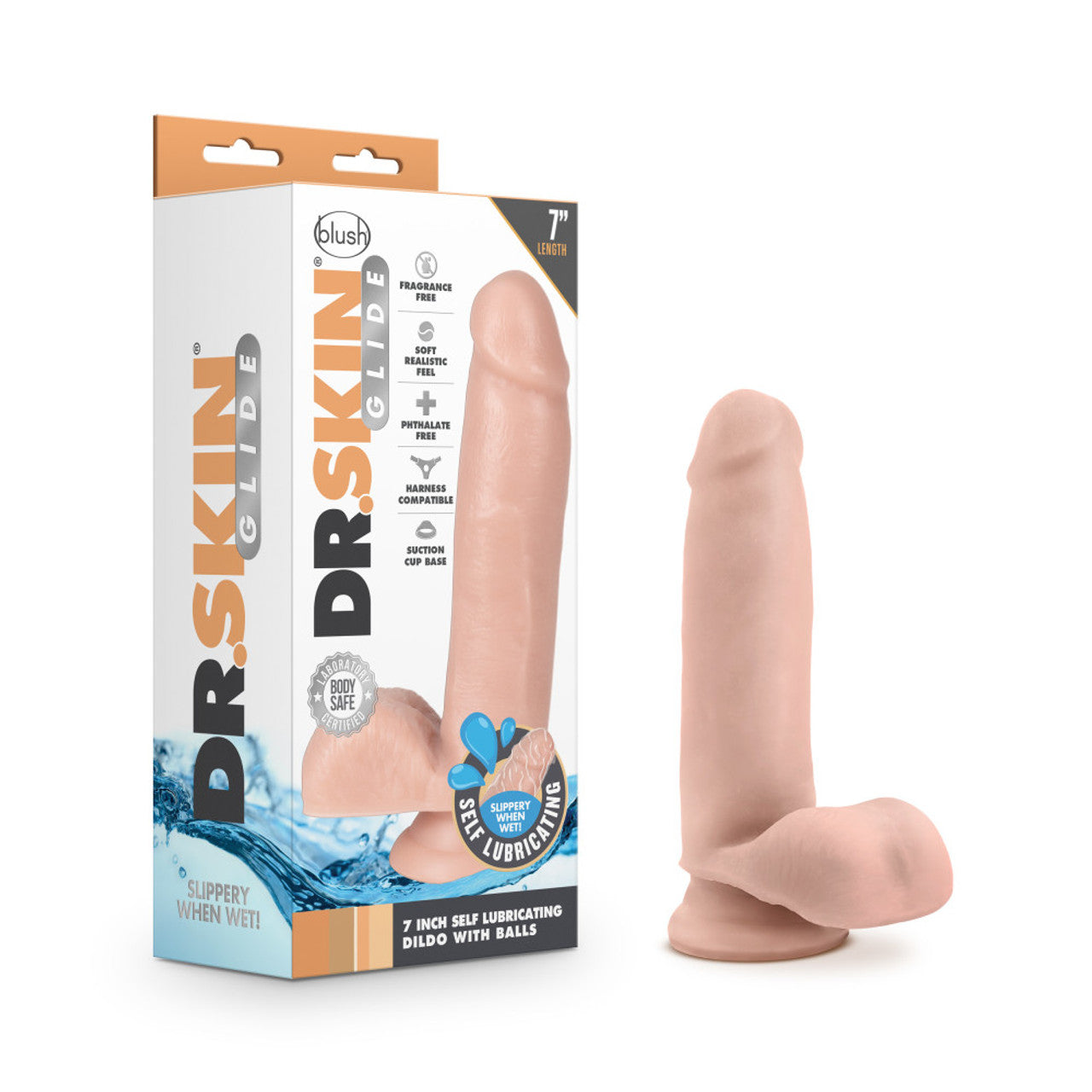 Dr. Skin Glide - 7 inch Self Lubricating Dildo with Balls - Vanilla